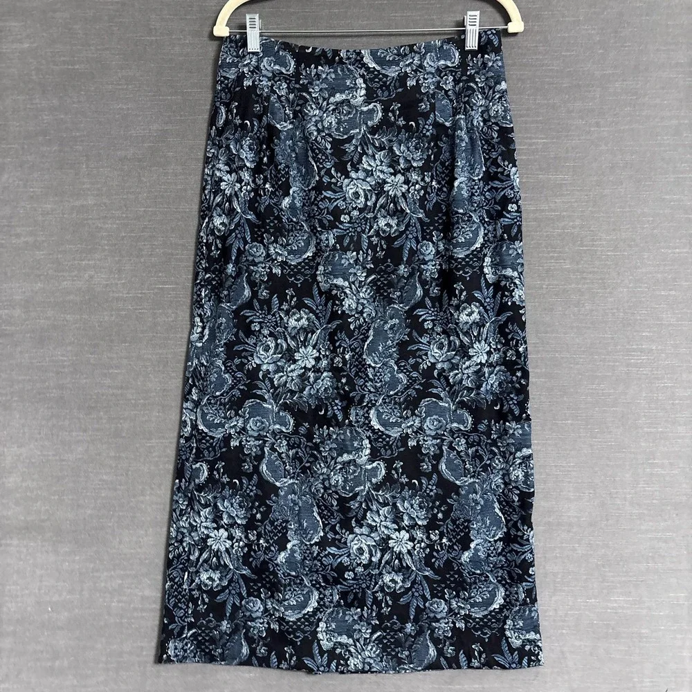 Vintage Briggs Skirt 10 Black Blue Floral Pencil Midi 90s Career‎ Fall Preppy